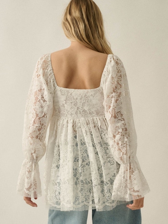Promesa Tops - Promesa White Lace Peasant Top with Puff Sleeves, Size S
